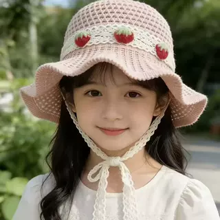 儿童夏季防晒草帽女童可爱草莓编织遮阳帽宝宝沙滩渔夫帽系带款