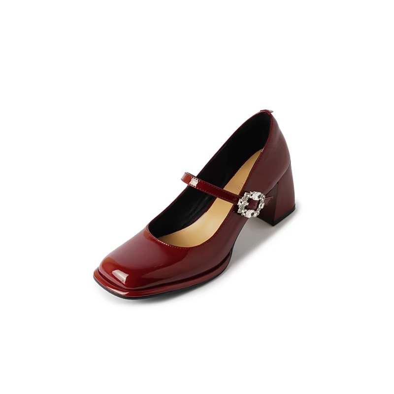 Versión de piel de oveja ~ cuero grueso estilo retrógrado francés de diamante zapatos de tacones altos de mujer hebilla superficial jk zapatos