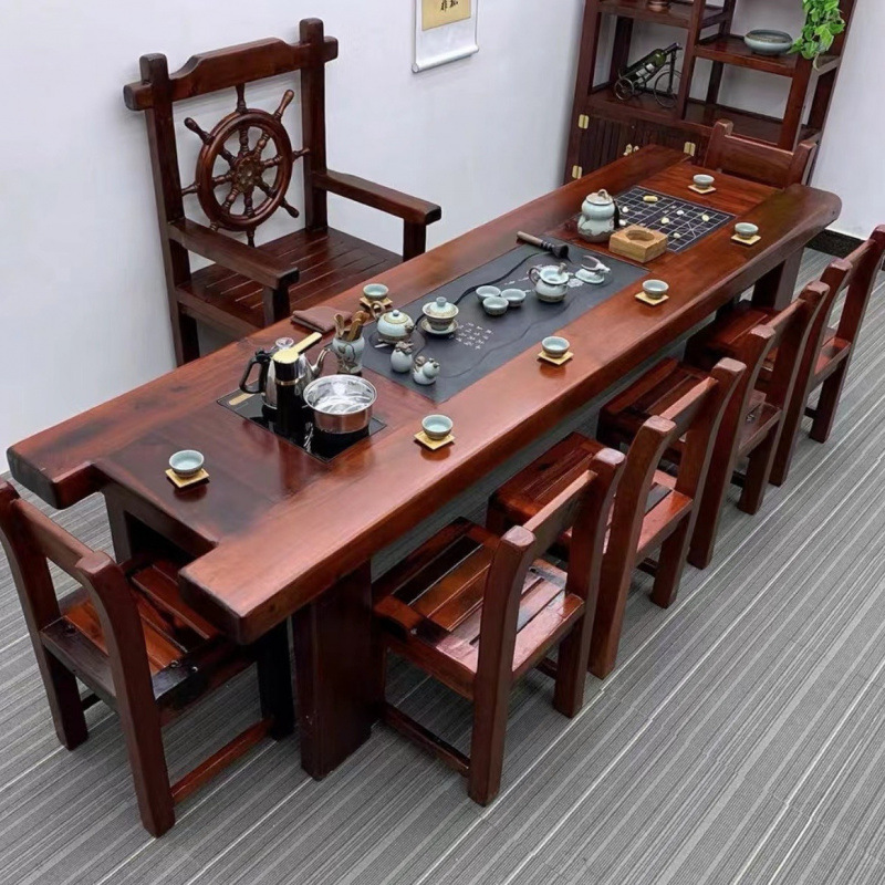 Mesa de té de madera de barco viejo, mesa y silla combinada de kung fu, mesa de té de sala de estar de madera maciza doméstica de estilo chino, conjunto de mesa de té de oficina integral