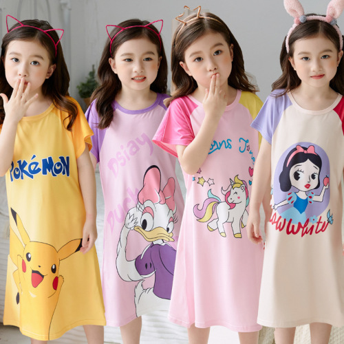 Children's nightgown, girls' pajamas, summer short-sleeved baby's thin Korean style little girl cartoon medium-sized children's home clothes summer
