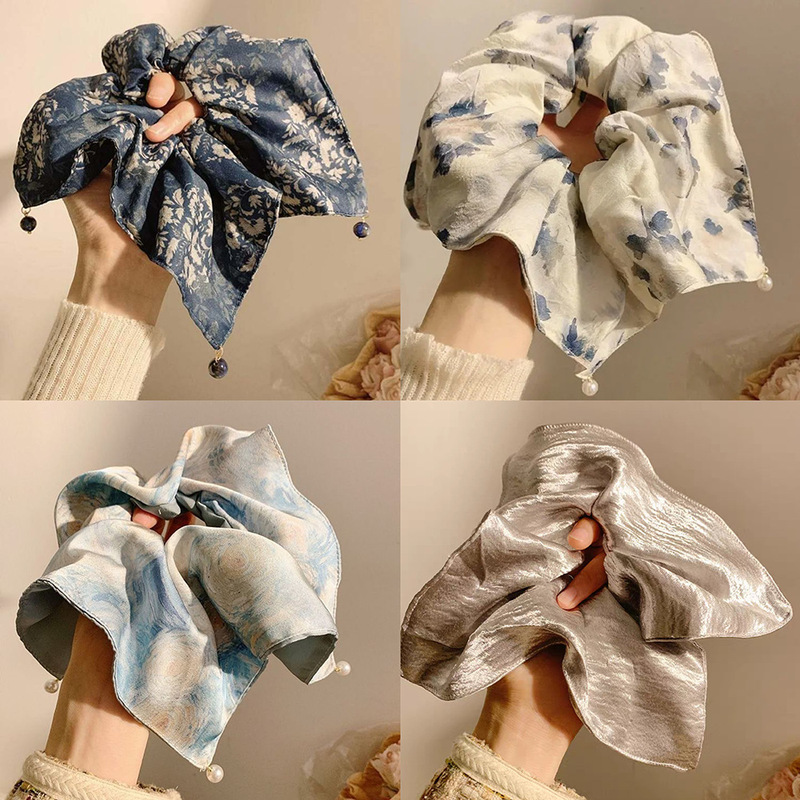 新しい中国風のスマッジスタイルスクエアスカーフヘアゴム女性用、大型ハイエンドスクエアヘッドバンドローポニーテールヘアロープヘアアクセサリー|undefined