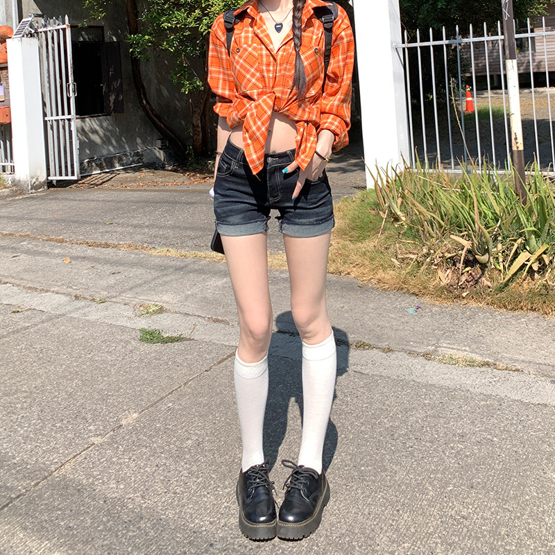 Retro Jersey Style Hot Girl Sexy Ultra-Shorts Hot Pants Jeans Women's Summer Dark Blue Design Curled Shorts