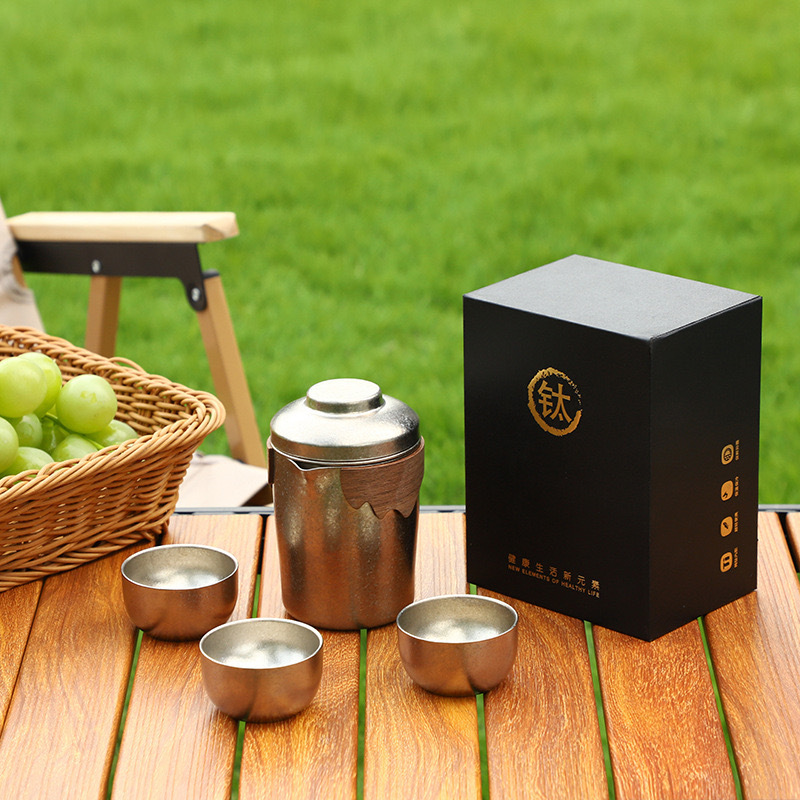 纯钛茶具户外露营双层茶杯家用茶壶便携过滤钛泡茶器礼品套装礼盒