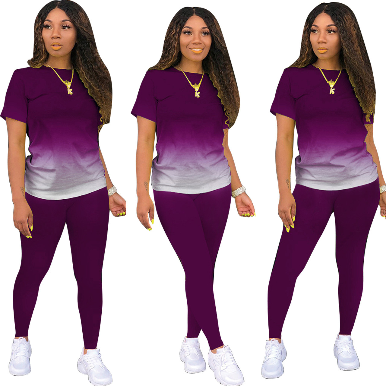 Women's Active Sets Gradient Digital Print Leisure Two Piece Set_voghion.com