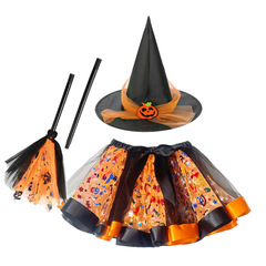 ハロウィンパーティー ウィザードハット ほうき チュチュスカート 3点セット カボチャコウモリプリント メッシュスカート パフスカート