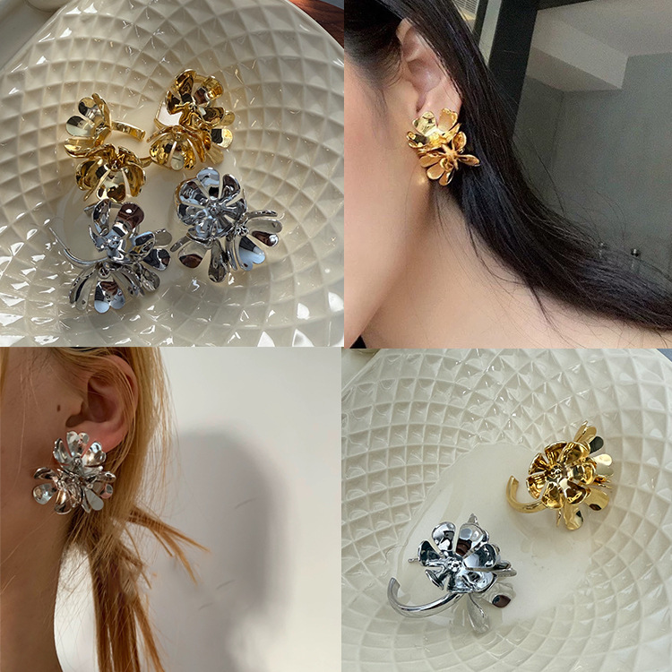 925銀針真金電鍍誇張花朵耳環氣質時尚耳圈新中式小眾復古耳飾女