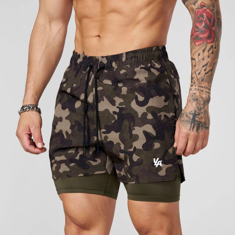 Youngla Sports Fitness Shorts Men's 2-in-1 Double-Layer Shorts Outdoor Jogging Training Elastic Camouflage Sports Pants