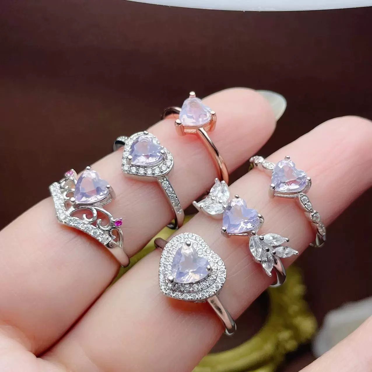 Organic lavender stone inlay, small ring with crystal with amethyst, silver 925 sample