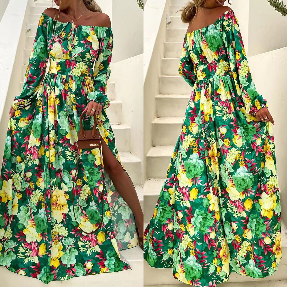 Vestido veraniego europeo y americano estilo bohemio de vacaciones 2025, con hombros descubiertos, acampanado, sexy y estampado. image 4