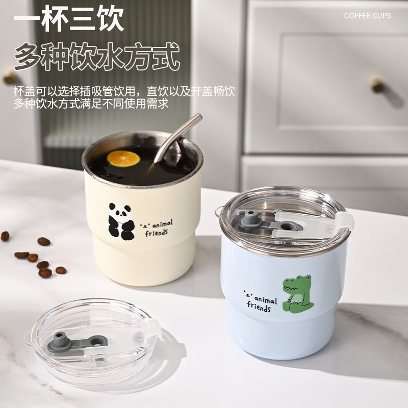 シンプルなコーヒーカップ 304 ステンレス鋼食品グレード漫画透明蓋ストローカップルウォーターカップドロップシッピング|undefined