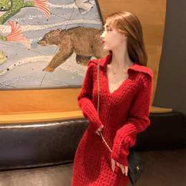 红色针织毛衣连衣裙子2025新款女装内搭打底长裙巨好看的早秋穿搭