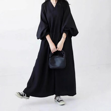 2025日系春秋装新款女装 灯笼袖纯色V领宽松显瘦衬衫裙长袖连衣裙