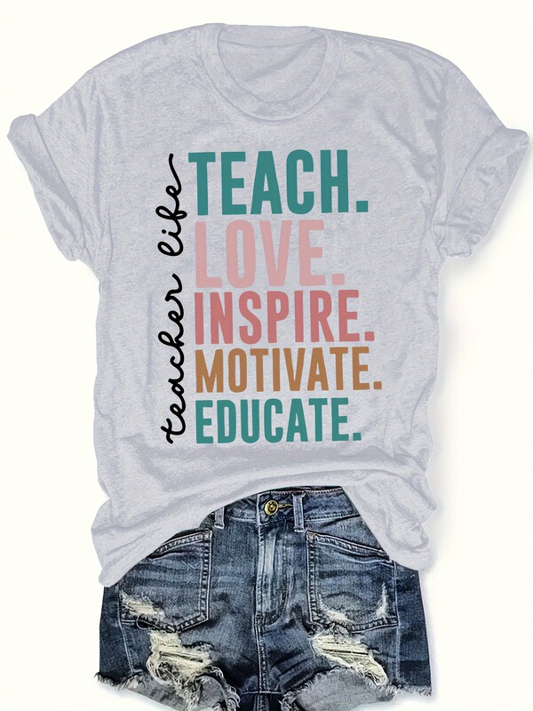 Teacher Life Letter Printed T-Shirt-Polyester Knitted Casual Crewneck Short Sleeve Top-All Seasonal Inspiration Quotations