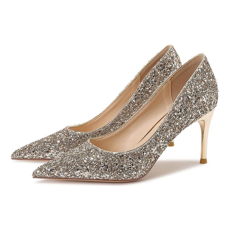A133 scarpe da sposa con tacco sottile estivo in pelle a punta con paillettes dorate piccole e profumate scarpe da sposa da donna in stile francese_voghion.com