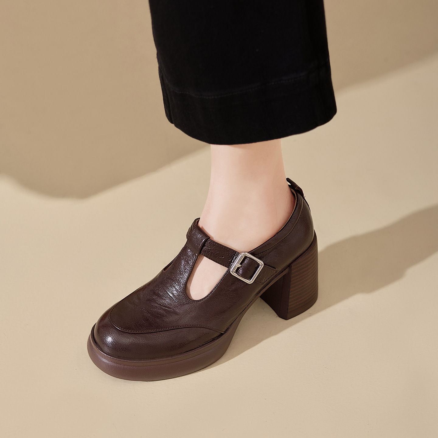 Giày Mary Jane nữ da cừu cao gót 6 cm phong cách vintage — màu nâu