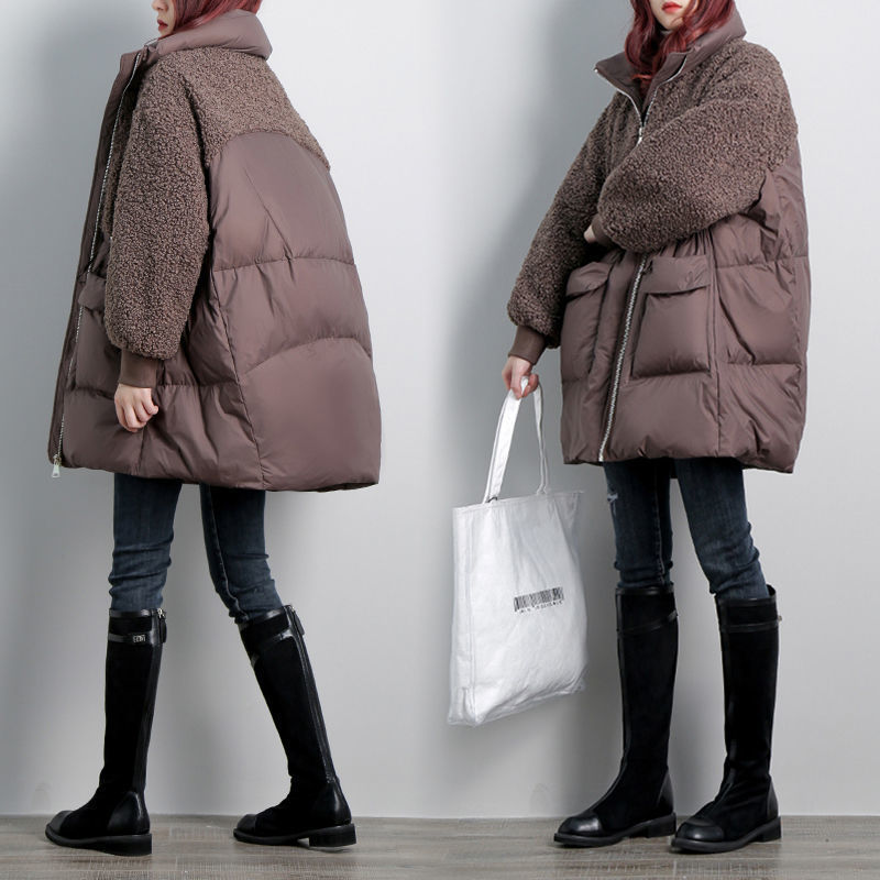 Women's Clothing padded jacket mid length winter fashion splicing lamb wool cotton coat loose large size warm all match cotton coat for women_voghion.com