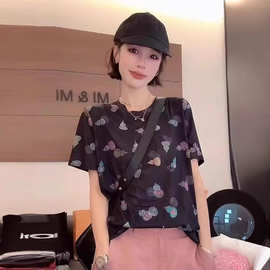 爆款葫芦满印欧货宽松纯感好显瘦网红自留套头T恤女网纱上衣女
