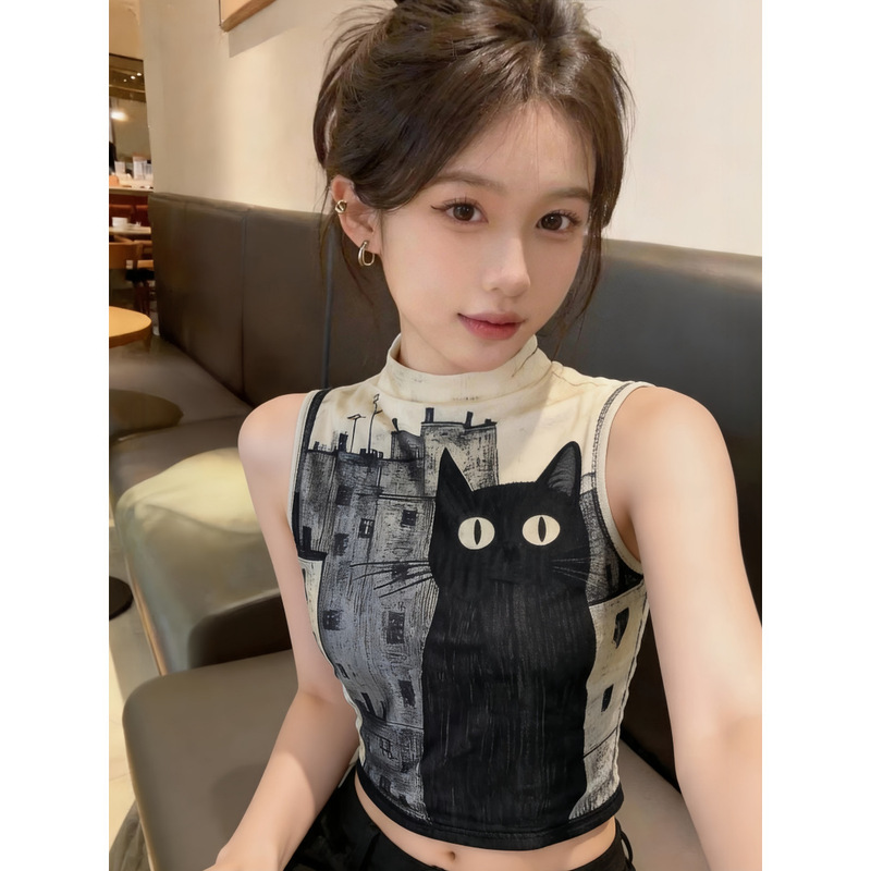 Hot Girl Style Stand-Up Collar Animal Print Sleeveless Short T-Shirt for Women, New Summer Style, Slim Fit, Versatile and Chic Top Hot Girl Style Stand-Up Collar Animal Print Sleeveless Short T-Shirt for Women, New Summer Style, Slim Fit, Versatile and Chic Top