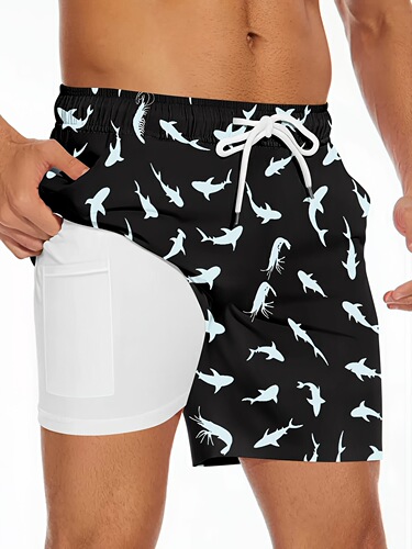 men's Shark Pattern 2 In 1 Board Shorts With Drawstring And