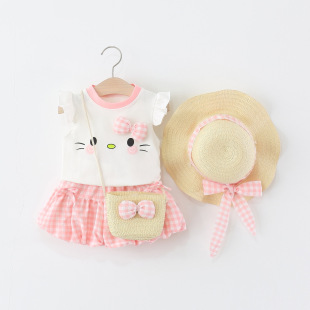 2025 summer new cat bow two-piece girl cat print suit bag straw hat