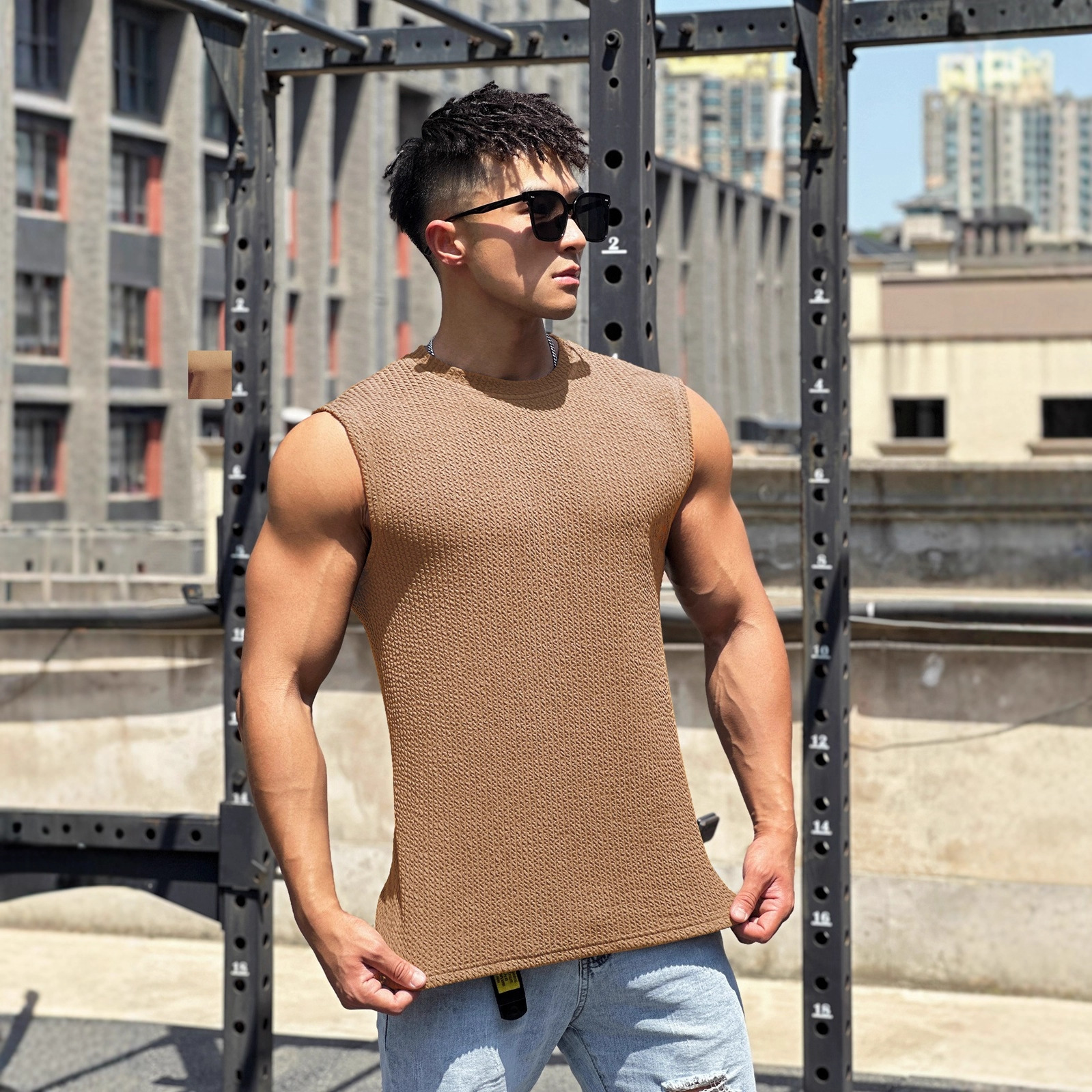 Summer New Trendy Men's Pullover Round Neck Snake Base Shirt Sports Fitness Top Sleeveless Vest Wide Shoulder