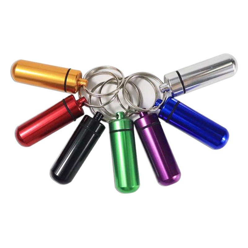 Mini impermeable pequeña medicina puede Primeros Auxilios píldora botella sellada Botella de medicina al aire libre llavero de aleación de aluminio botella colgante