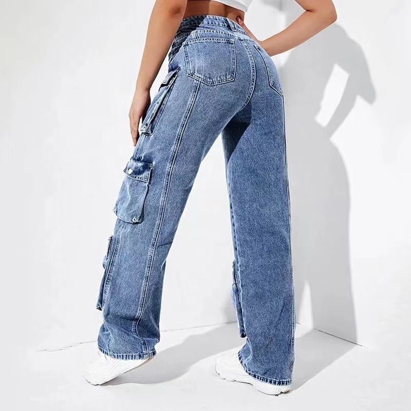 Origen Fabricante 2025 Vaqueros de mujer Monos de trabajo Pantalones de mujer con bolsillo abatible de cintura alta Pantalones de mujer ajustados sueltos image 4