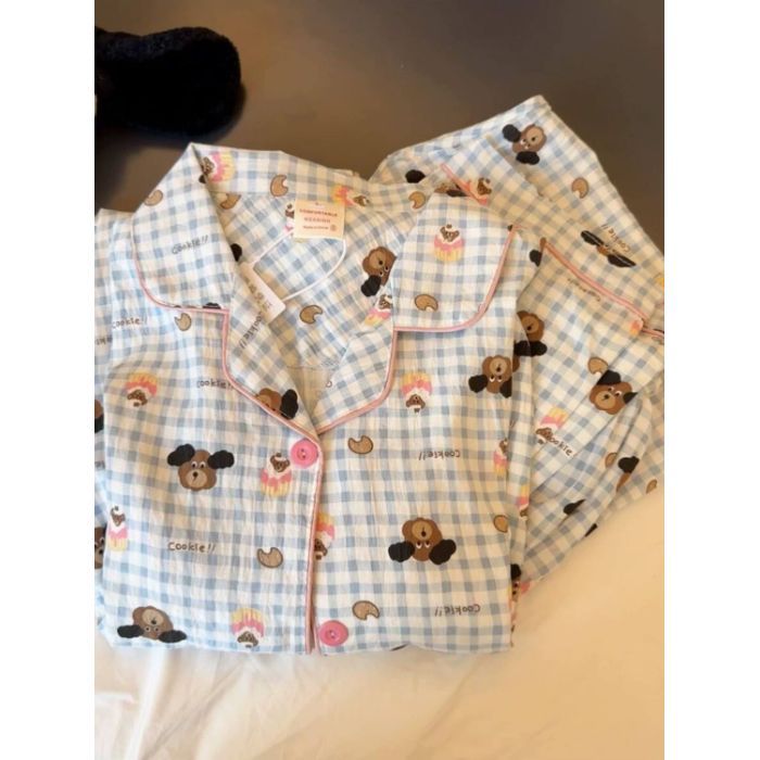 Venta al por mayor transfronteriza nuevo pijama de algodón de nube cárdigan de dibujos animados para mujer pantalones lindos de manga larga traje de servicio a domicilio de primavera y otoño