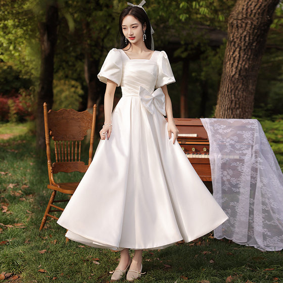 Licensed Registration White Dress Evening Dress Women's Summer Banquet Engagement Dress French Satin White Dress Light Wedding Dress