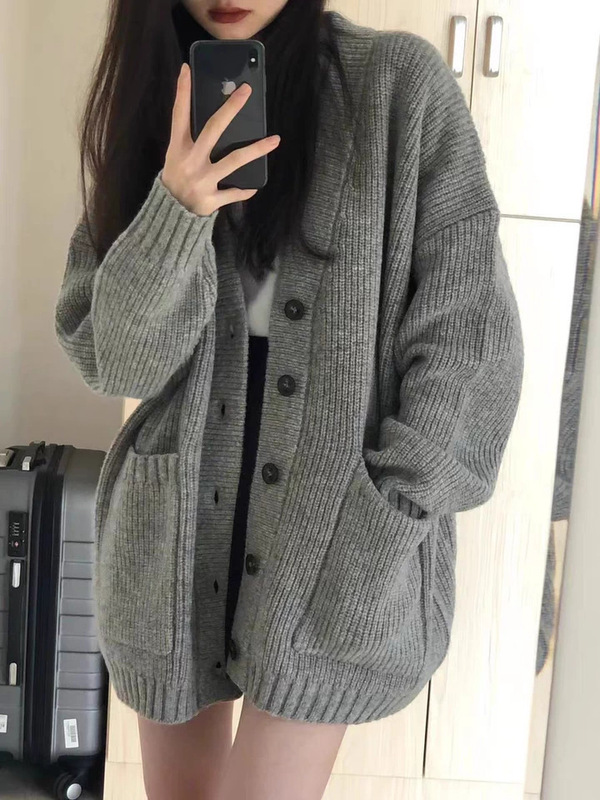 新款秋冬慵懒风V领单排扣羊毛开衫女外套韩版宽松中长款百搭上衣|undefined