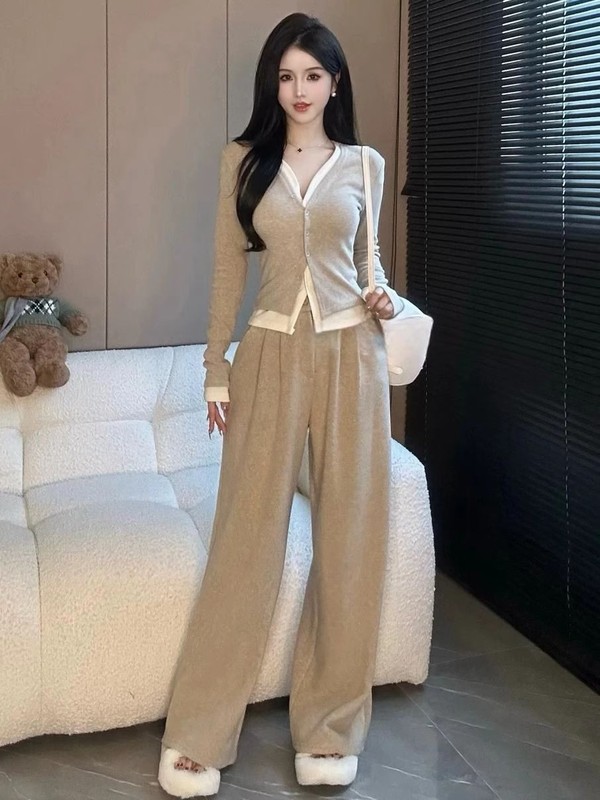 韩系简约大码套装2025初秋季新款女装休闲假两件上衣阔腿裤两件套|undefined