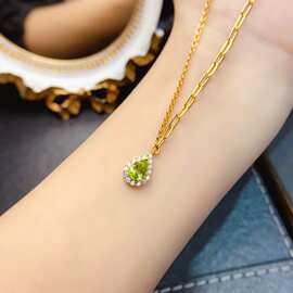 新款天然橄榄石项链S925银镶嵌主石5*7mm百搭网红爆款女饰批发