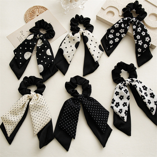 New black dotted double layer ponytail streamer large intestine hair tie female bow hair tie ins style headwear