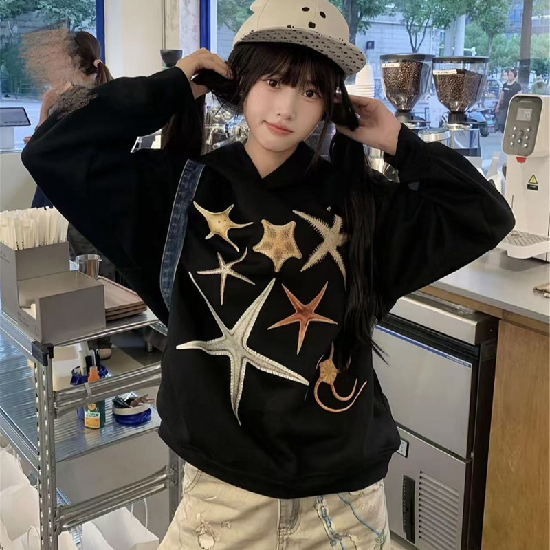 Korean Chic Hooded Black Velvet Thin Sweatshirt for Women Autum Starfish Shell Print Loose and Versatile Long Sleeves Korean Chic Hooded Black Velvet Thin Sweatshirt for Women Autum Starfish Shell Print Loose and Versatile Long Sleeves