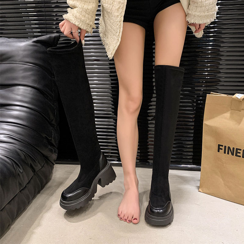 Small, thick soled, high-heeled, elastic, slim sock 2024 autumn and winter, retro Maillard knee high boots for women_voghion.com