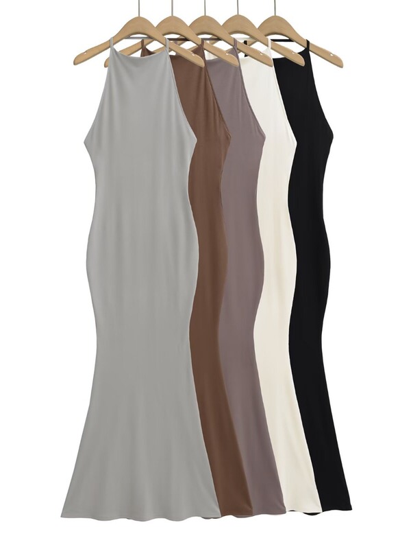2025 Summer New Solid Color Sexy Hot Girl Style Big Backless Halter Neck Fishtail Skirt Dress Long Skirt Wholesale Women