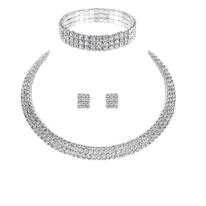 Venta caliente juego de joyas collar de cuello traje de joyería de circón traje de joyería plateada de plata conjunto de tres piezas múltiples