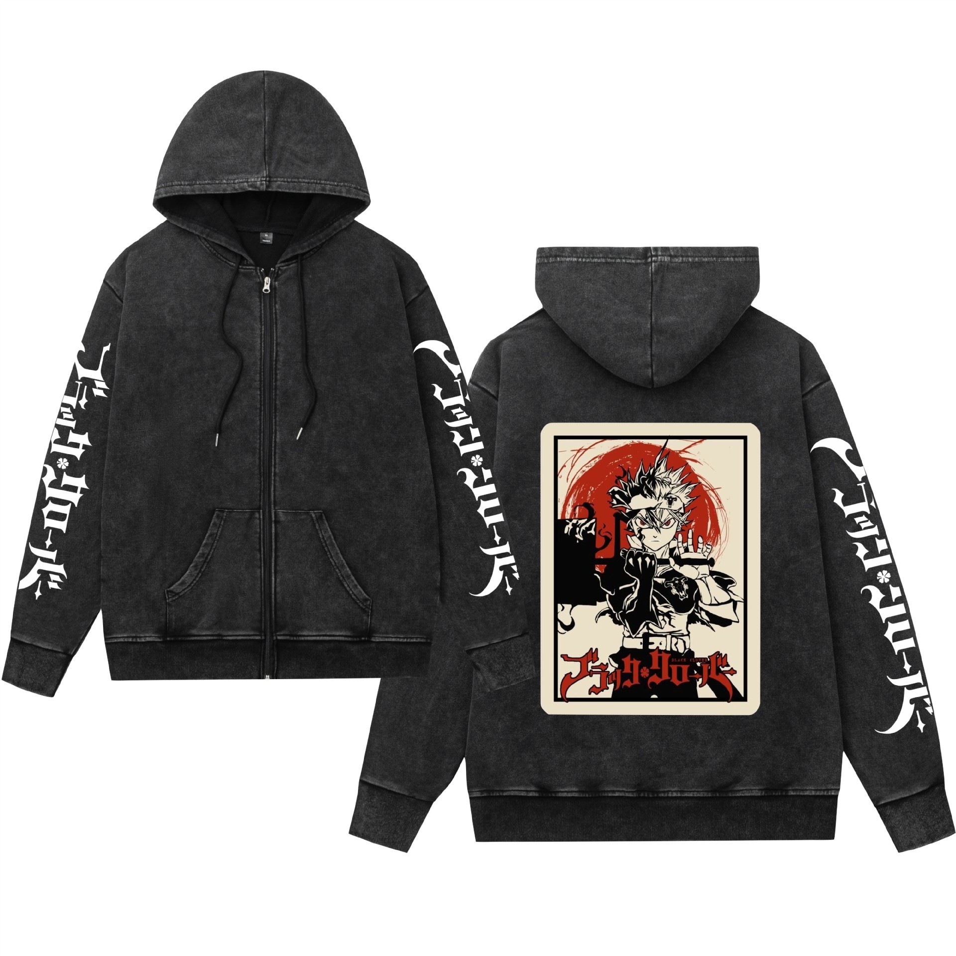 Comercio exterior lavado y desgastado suéter retro con capucha cremallera trébol de cuatro hojas negro estampado hombres y mujeres