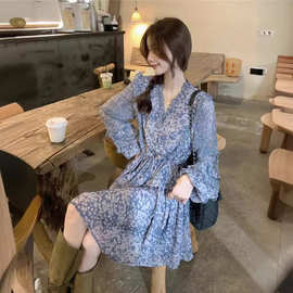 美式显白雾霾蓝碎花连衣裙女2025秋V领设计感收腰显瘦灯笼袖茶歇