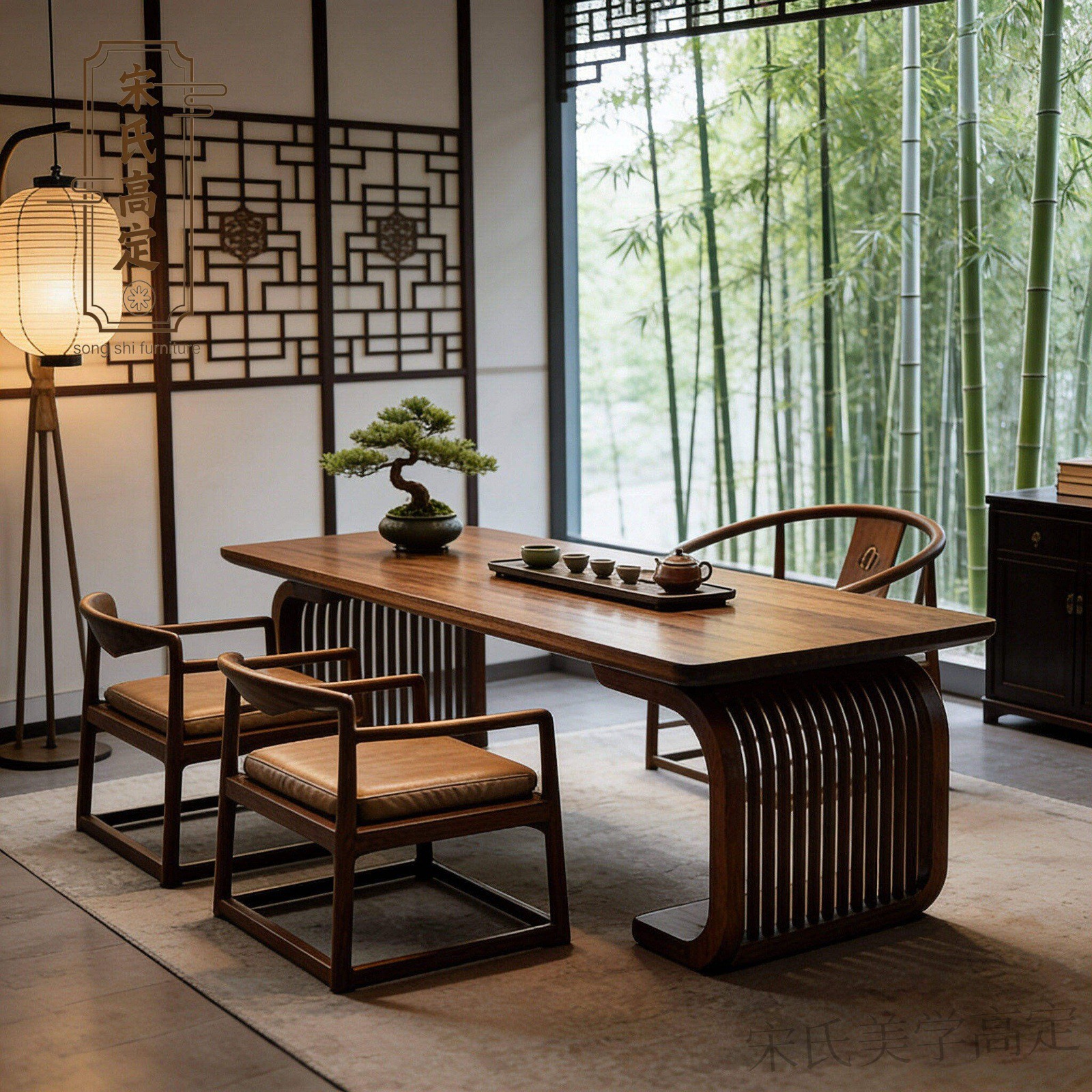 New Chinese-style black walnut wood tea table and chair set, Song-style aesthetics, office tea table, tea room Zen-style solid wood tea table