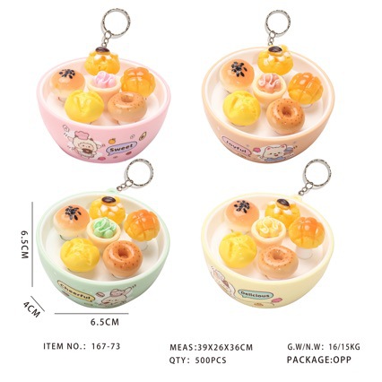 Mini fruit bowl whack-a-mole keychain, press-and-play toy pendant, food toy bread ornament, claw machine gift wholesale