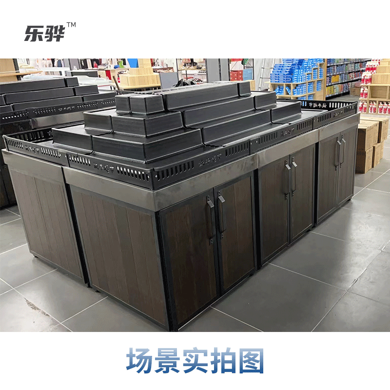 Супермаркет, фруктовый магазин, овощной отдел, свежая продукция, поддельная нижняя полка, пластиковые наклонные подставки, трапециевидный островной витринный шкаф