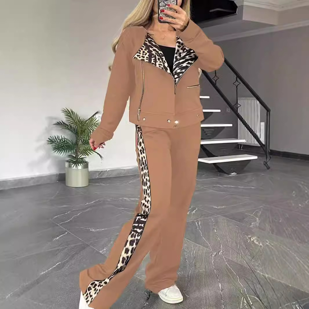 Women's Clothing Autumn and Winter Fashion Casual Double sided Leopard Print Suit Zipper Long Sleeve Suit Women_voghion.com