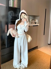 连帽碎花长袖卫衣外套吊带背心休闲裤女2025秋季新款纯欲时尚套装