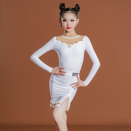 White color Girls latin dance dresses athletic performance suits girls  practicing Latin dance training Latin dance