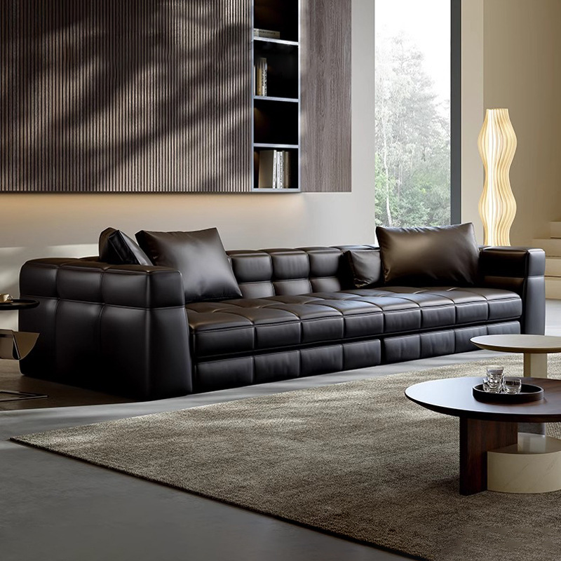 Sofá de cuero Braser minimalista de estilo italiano, sala de estar, primera capa de tres asientos, sofá de cuero amarillo, gran piso plano de villa