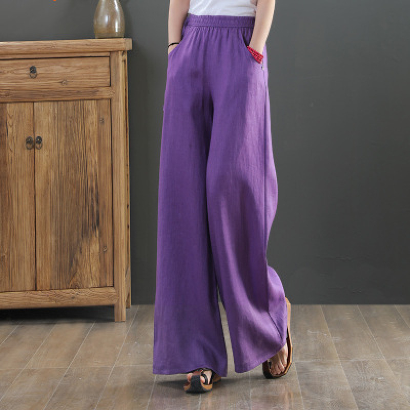 2026 Spring New Style Artistic Loose Solid Color Cotton Linen Drawstring Elastic Waist Wide Leg Pants Women's Casual Pants 9793