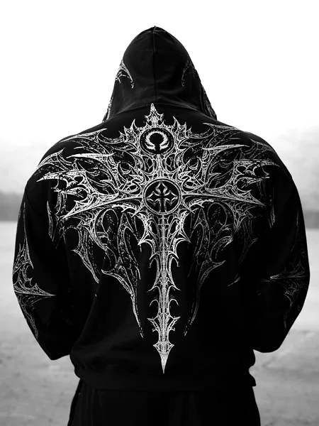 Cross-Border Source Gothic Style American Street Sports Fitness Loose Large Size Printed Terry Zipper Sweatshirt Hoodie