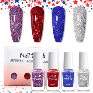 Foreign Trade Nail Polish Set 4 Colors Independence Day Carnival Holiday Manicure Five-Pointed Star Glitter Flakes Nude Nail Polish Wholesale