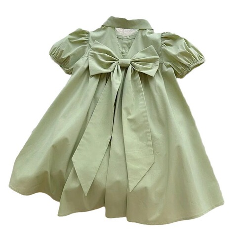 Women's Dress with Bubble Sleeve, Summer Style, Trendy 2024 New Design for Middle and Older Children, Polo Collar Casual Skirt
